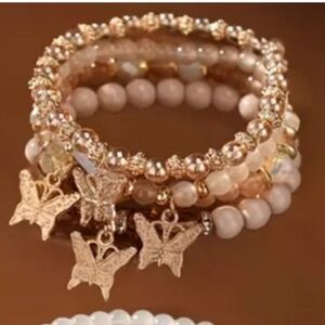 Elegant Gold Butterfly Charm Bracelet Set, Tan And Blush